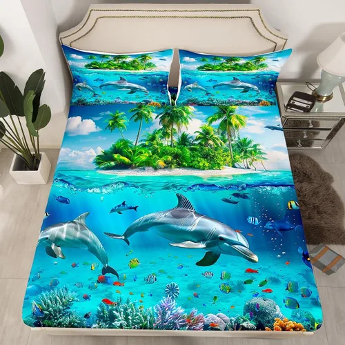 Miniatura 15 de Sábana bajera ajustable de tamaño individual para niños, diseño de animales marinos náuticos, juego de ropa de cama coral bajo el mar, juego de ropa