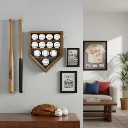 Miniatura 6 de FramePro Estuche de exhibición de béisbol, caja de sombras, estante organizador de gabinete de pared para 12 bolas con puerta delantera de madera