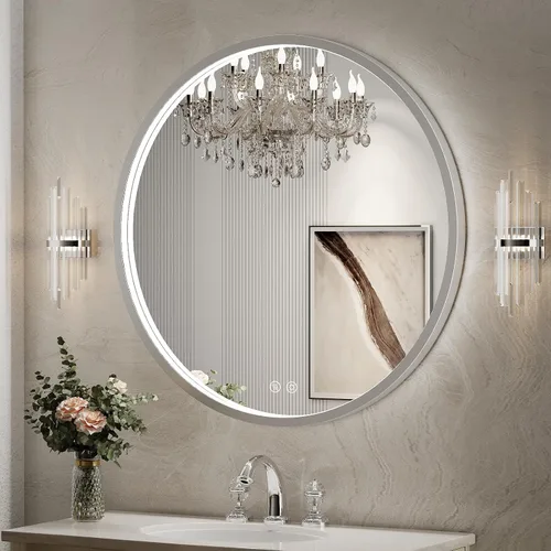 Miniatura 14 de Espejo de baño LED redondo de 36 pulgadas, espejo de tocador antivaho regulable con control táctil, luz natural de 6000 K, marco de metal negro