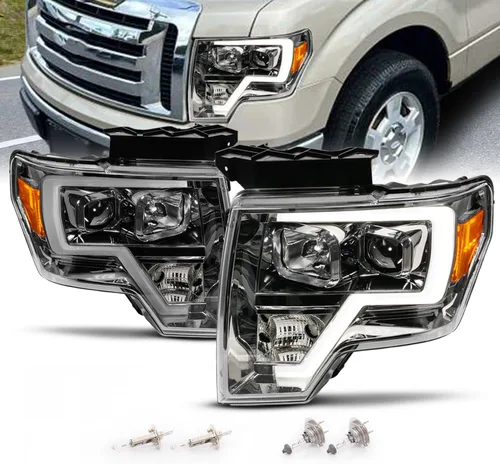 Miniatura 11 de AmeriLite para camioneta Ford F150 2009-2014, juego de faros delanteros LED de barra cuadrada, proyector halógeno negro, haz alto/bajo incluido