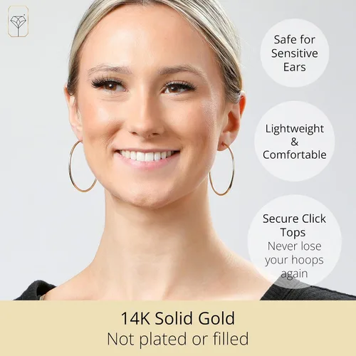 Miniatura 2 de Aretes de aro de oro macizo de 14 quilates para mujer, aretes de aro de oro amarillo o blanco de 14 quilates, aretes de oro real de 14 quilates