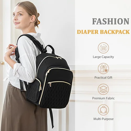 Miniatura 6 de miss fong Mochila para pañales – Bolsa de pañales para bebé con cambiador de pañales, mochila acolchada para pañales de viaje con 16 bolsillos Negro