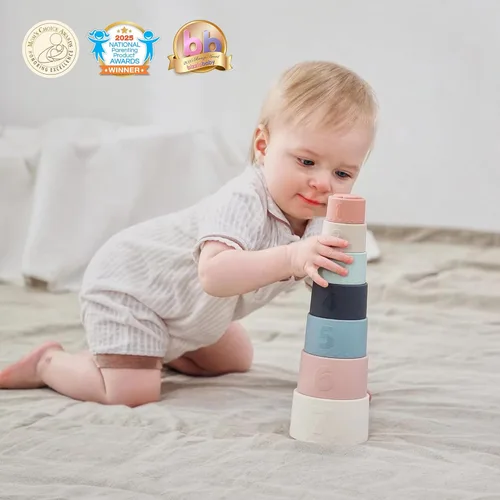 Miniatura 4 de Moonkie Juguete de tazas apilables, juguetes educativos divertidos para bebés, juguete de dentición suave de silicona, a partir de 6 meses, juego