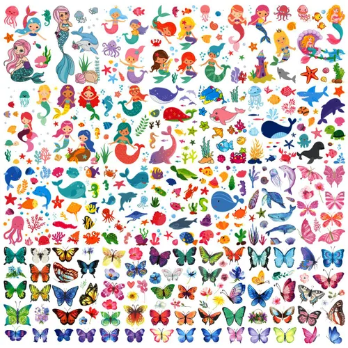 Miniatura 2 de 30 hojas (360 piezas) mariposas, sirena, animales marinos, tatuajes temporales impermeables para niños, tatuajes de dibujos animados de estilos