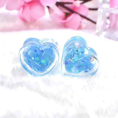 Miniatura 3 de 6 unids3 pares brillando Paillette en forma de corazón medidores de oreja túneles y enchufe acrílico dilatador de oreja Stud estirando