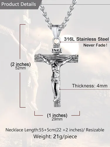Miniatura 5 de U7 Colgante de cruz de crucifijo para hombre con cadena de bautismo, joyería cristiana, acero inoxidable, oro de 18 quilates, collar antiguo
