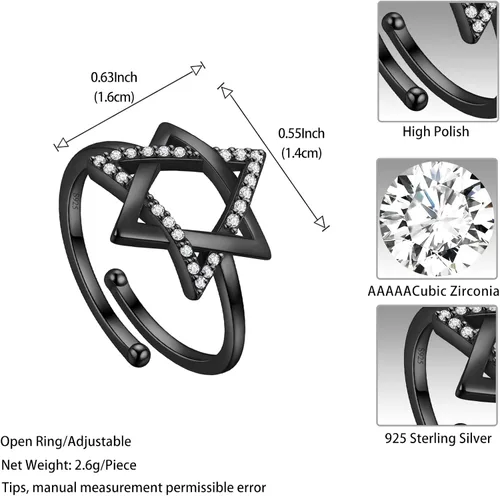 Miniatura 13 de Jewmon Anillo de plata de ley con estrella de David para mujer – Anillo ajustable Magen David – Amuleto Wicca – Regalos judíos