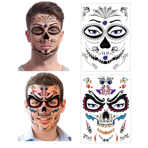 Miniatura 3 de Tatuajes faciales temporales de Halloween (paquete de 8 unidades), Konsait Día de los Muertos, calavera de azúcar, floral, negro, esqueleto, red