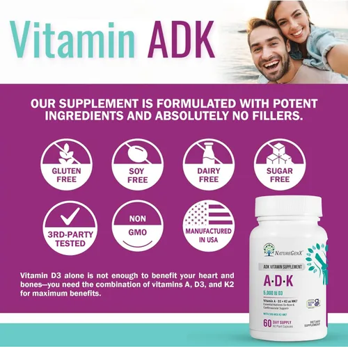 Miniatura 7 de NatureGenX ADK Suplemento vitamínico de 5000 UI – Vitaminas A, D3 y K2 de alta potencia para la salud ósea y absorción de calcio Suplemento