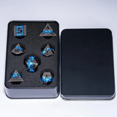 Miniatura 5 de Dados poliédricos DND de metal, juego de dados metálicos con purpurina a rayas grandes, juego de 7 dados plateados antiguos para juegos de rol