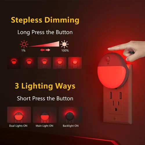 Miniatura 5 de YUNLEX Paquete de 2 luces nocturnas rojas enchufables con sensor de movimiento y sensor de atardecer a amanecer, 3 modos, brillo suave, 0% luz azul