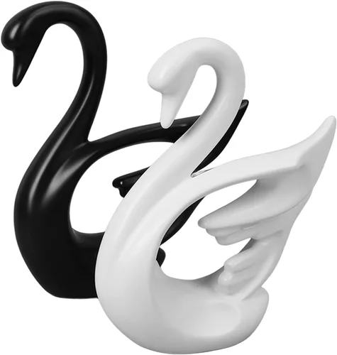Miniatura 4 de Wnvivi 2 figuras de cisne, escultura de cisne de cerámica en blanco y negro, decoración moderna de cisne para pareja para dormitorio, estante