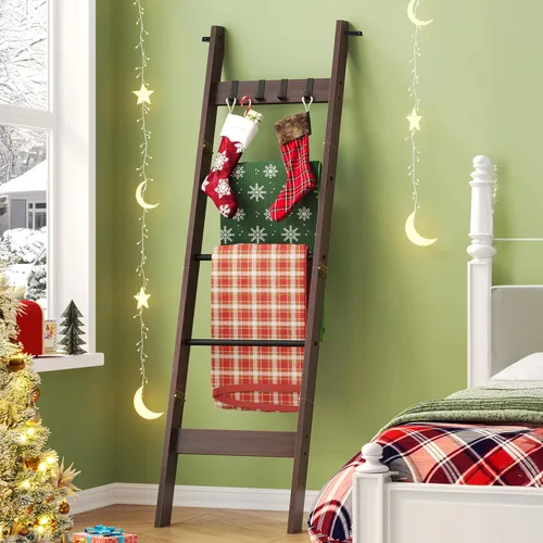 Miniatura 13 de Hzuaneri Escalera para manta para sala de estar, estante decorativo para edredón con 4 ganchos extraíbles, 5 niveles de soporte de escalera de Blanco