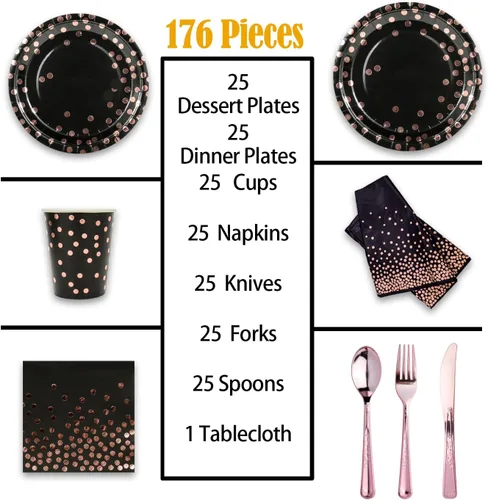 Miniatura 2 de Juego de vajilla desechable dorada de 176 piezas y vajilla desechable de punto dorado para fiesta, platos de papel negro, servilletas, vasos