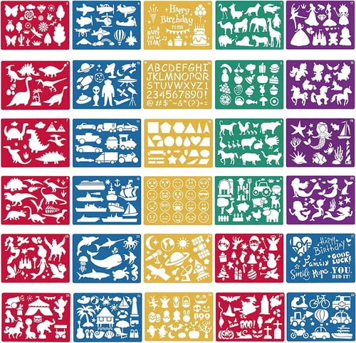 Juego de 30 plantillas de dibujo para niños, plantillas de plantillas de pintura de dibujo de plástico para niños, manualidades, proyectos de arte