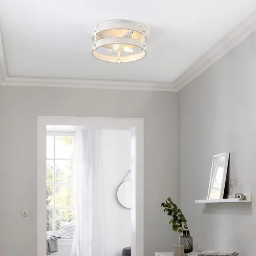 Miniatura 2 de Moderno de granja ?Blanco antiguo con aspecto desgastado lámpara de techo empotrada de 2 luces lámpara de techo de tambo de madera montaje