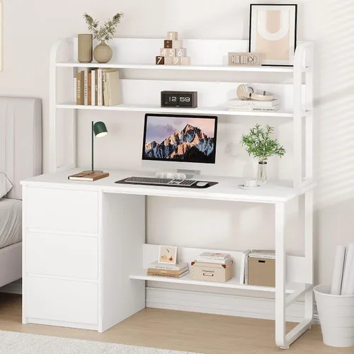 Miniatura 8 de MaverickFurni Escritorio blanco con gabinete, escritorio de computadora de 55 pulgadas con 3 cajones para dormitorio, escritorio de estudio