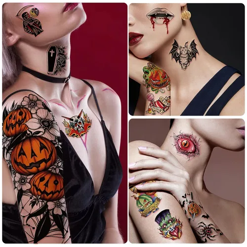 Miniatura 4 de Yazhiji 40 hojas de tatuajes temporales de Halloween, calabaza, bruja, azúcar, cráneo, tatuajes familiares, para mujeres, hombres, niños y niñas