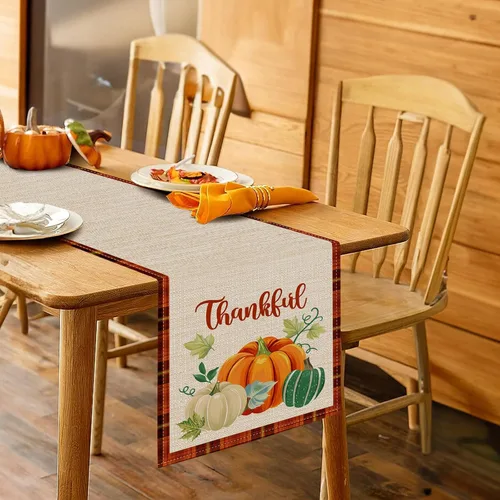 Miniatura 3 de Bonhause Camino de mesa de otoño de 13 x 90 pulgadas, naranja y verde, calabaza, camión, hojas, cuadros, otoño, Acción de Gracias, cocina, comedor