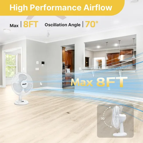 Miniatura 5 de Shop-Air Ventilador de mesa oscilante de 12 pulgadas, 3 velocidades, circulación de aire silenciosa y potente, inclinación de cabeza ajustable