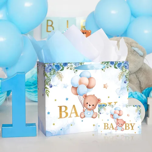 Miniatura 7 de Plauthus Bolsas de regalo grandes para bebé de 13 pulgadas con papel de seda y tarjeta de felicitación (oso de balón y floral), bolsas de regalo