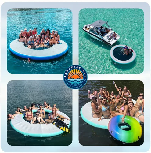 Miniatura 6 de Hamaca de agua inflable con malla Anillo flotante redondo de 8 pies para lago, barco, océano, piscina y balsa de río, tumbona de isla