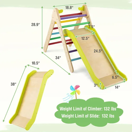 Miniatura 7 de HONEY JOY Escaladora triangular con rampa, escalera triangular para niños para guardería, gimnasio y parque infantil, juguetes de escalada Colorido
