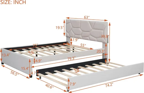 Miniatura 2 de Harper & Bright Designs Cama de plataforma tapizada de tamaño matrimonial con nido y cabecero, marco de cama tapizado de lino, no necesita somier