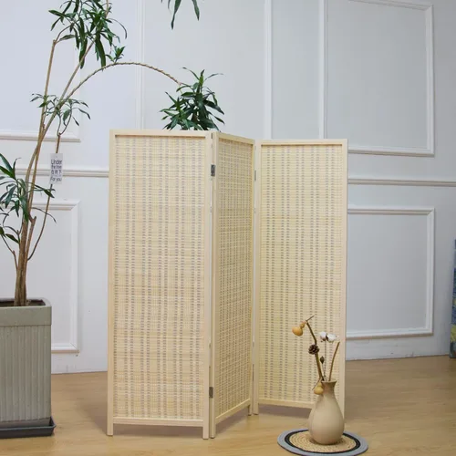 Miniatura 3 de Furnnylane Pantalla divisora corta de habitación de 3 paneles, partición independiente beige, pequeño divisor de panel de bambú para separación