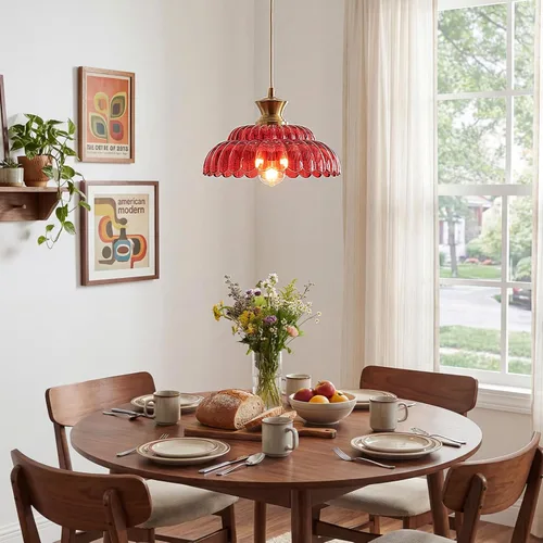 Miniatura 2 de Lámpara colgante de cristal rojo, 11.8 pulgadas, iluminación colgante vintage de vidrio dorado cepillado, lámpara de techo colgante moderna