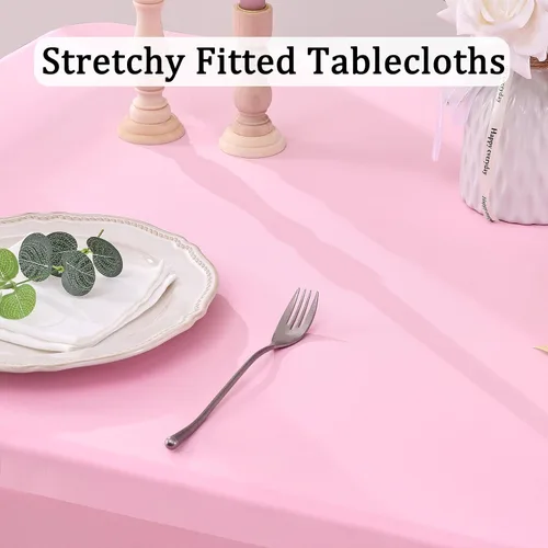 Miniatura 2 de Paquete de 2 manteles de spandex para mesas rectangulares de 8 pies, mantel elástico rosa de 8 pies, manteles ajustados, falda de mesa para fiestas