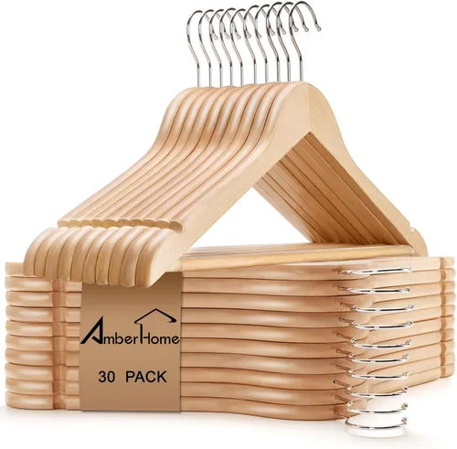 Miniatura 14 de Amber Home Paquete de 30 perchas de madera maciza para trajes, perchas de madera con acabado blanco liso con barra antideslizante para pantalones