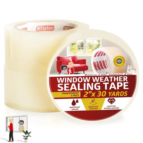 XFasten Cinta transparente adhesiva para sellado de ventanas 5 cm x 27 m (3 paquetes de 82 m en total), cinta adhesiva aislante sin residuos para