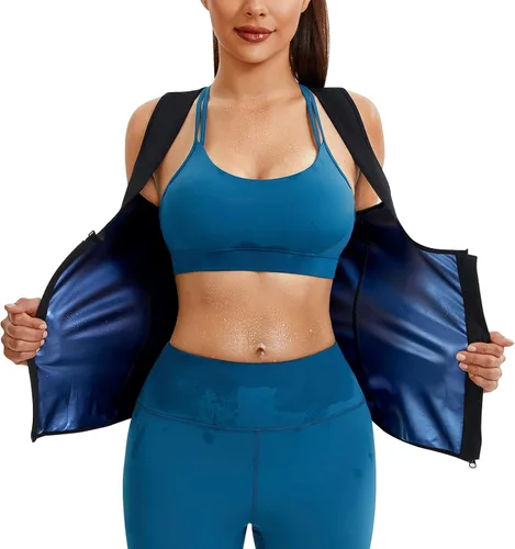 Junlan Traje de sauna para mujer, chaleco entrenador de cintura para mujer, camiseta sin mangas moldeadora para sudar para mujer con cremallera Azul