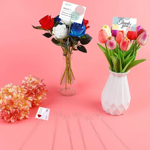 Miniatura 4 de CCINEE 100 portatarjetas de plástico con forma de tenedor transparente con forma de flores, clips de cabeza recta para ramo de boda, suministros