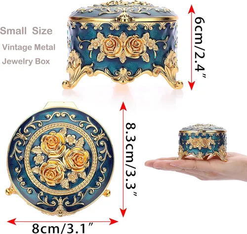 Miniatura 5 de Hipiwe Joyero de metal antiguo para anillos, aretes, caja de tesoros, caja pequeña de baratija, caja redonda de exhibición de joyas, organizador