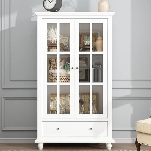 Estantería alta blanca con puertas de cristal, vitrina de madera con estante y cajón ajustables de 3 niveles, armario de despensa para oficina en