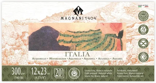 Magnani 1404 Italia Cold Press - Bloc de papel de acuarela 100% algodón, 20 hojas, 4.5 x 9 pulgadas, 140 libras, sin ácidos, resistente a los rayos