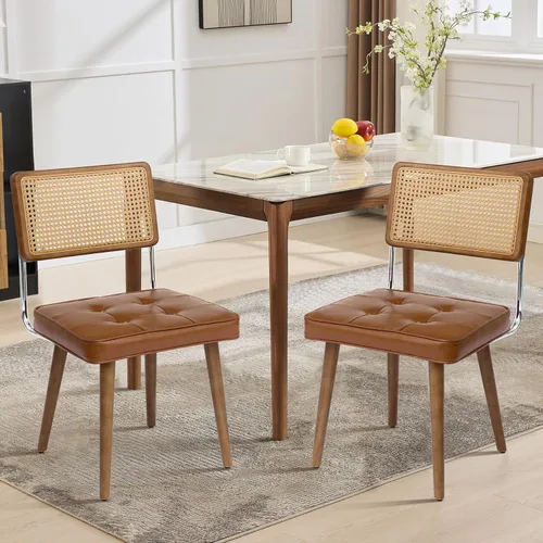Miniatura 12 de GarveeHome Juego de 2 sillas de comedor de ratán natural, sillas de cocina tapizadas de lino con respaldo alto de caña y patas de madera fuertes