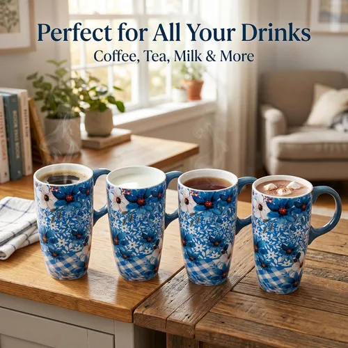 Miniatura 6 de Topadorn Taza de Cerámica para Café de Porcelana Latte Taza de Té con Tapa en Caja de Regalo 17oz, Flores Azules