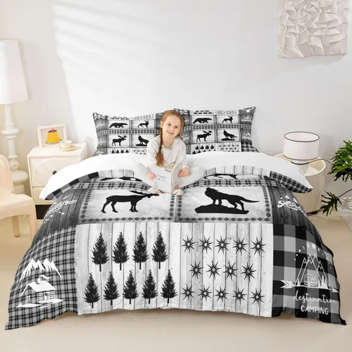 Miniatura 18 de Juego de funda de edredón para niños de ciervo, oso, lobo, tamaño individual, juego de ropa de cama de cabaña de aventura para niños, niñas