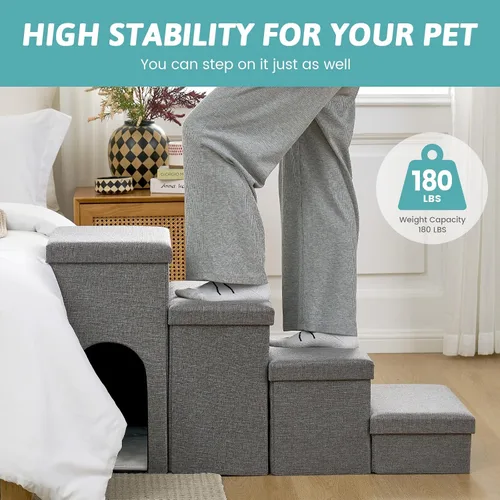 Miniatura 7 de Escaleras para perros con almacenamiento, escalones resistentes de 4 escalones más anchos para perros pequeños, medianos y grandes, rampa para Gris