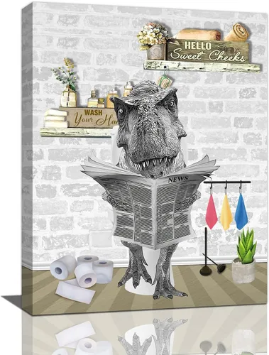 Miniatura 11 de Fuzawet Arte de pared de oso para decoración de baño, lienzo de lectura de periódico, negro en el inodoro, imágenes divertidas de animales