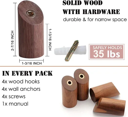 Miniatura 6 de Felidio Ganchos de pared de madera, paquete de 4 ganchos para colgar abrigos de pared, de madera rústica, resistente, perchero para sombreros
