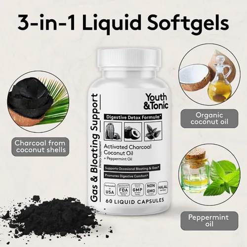 Miniatura 3 de Youth & Tonic Píldoras de carbón activado líquido 3 en 1 + 1200 mg de aceite de coco orgánico y aceite de menta, desintoxicación digestiva