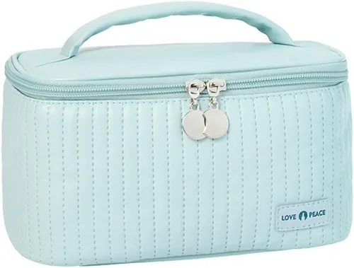 Miniatura 7 de Bolsa de maquillaje de viaje, estuche de cosméticos con soporte para brochas de maquillaje, organizador portátil de piel sintética para mujer, Café
