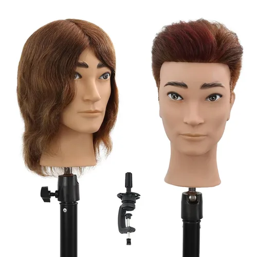 Miniatura 11 de Stancia Cabeza de maniquí masculino, cabeza de entrenamiento con cabello 100% humano, cabeza de maniquí de peluquero de 14 pulgadas, cabeza