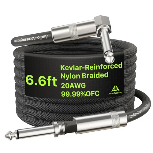 Miniatura 46 de Cable de guitarra de 1.5 pies, paquete de 2 unidades, nailon trenzado anti-torceduras reforzado con Kevlar, conector Neutrik REAN, calibre 20