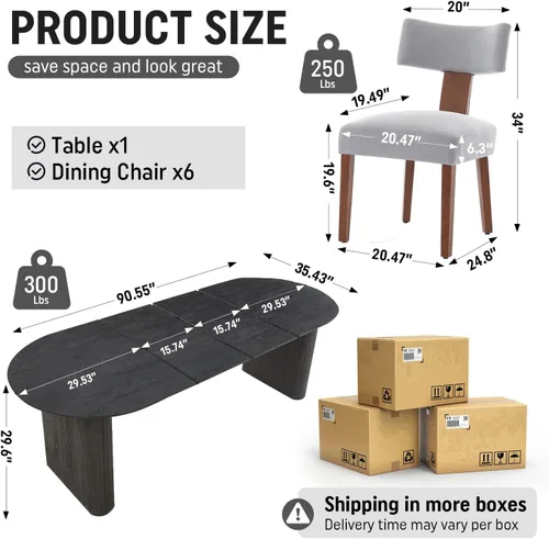 Miniatura 22 de Juego de mesa de comedor ovalada extensible de 59 a 90 pulgadas con 4 sillas de comedor con respaldo en T para 4 personas, moderna mesa de comedor