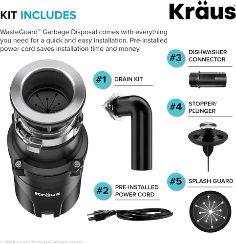 Miniatura 3 de KRAUS WasteGuard KWD100-33MBL - Triturador de basura ultra silencioso de 1/3 HP con conexión rápida, cubierta de drenaje para fregadero de cocina